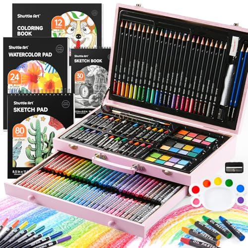Shuttle Art 149 Piece Deluxe Art Set, Art Supplies in Pink Wooden Case | Painting Drawing Art Kit with Acrylic Paint Pencils Oil Pastels Watercolour Cakes Colouring Book Sketch Pad for Kids & Adults
