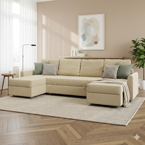 EMME HOME Sofá Cama de 4 plazas con Montaje y Retirada incluídos. Doble Chaiselongue panorámica para salón Comedor. Sofás Cama Chais Longue Grande Reclinable Opcional y Esquinero. Modelo Otto.