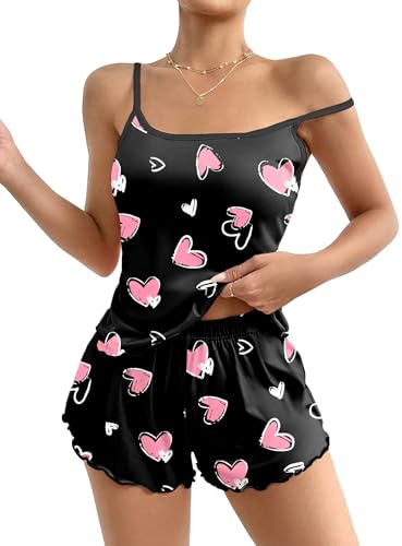 Ekouaer Pigiama Donna Estivo Corto Sexy Pigiami Fionda Canotta Stampa Senza Maniche Casual Set Volant Morbido Comodo Pigiamas, Cuore Rosa, M