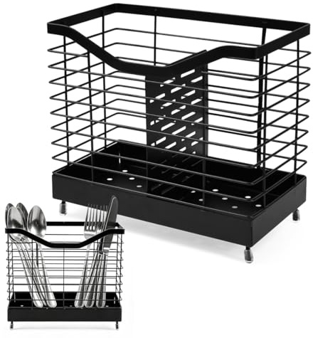 Linzerry Porta Utensilios de Cocina con Escurridor de 2 Compartimentos, Cesta para Cubiertos de Metal con Drenaje, Soporte Utensilios Cocina Negro para Encimera de Cocina y Uso Diario - 20x19x11cm