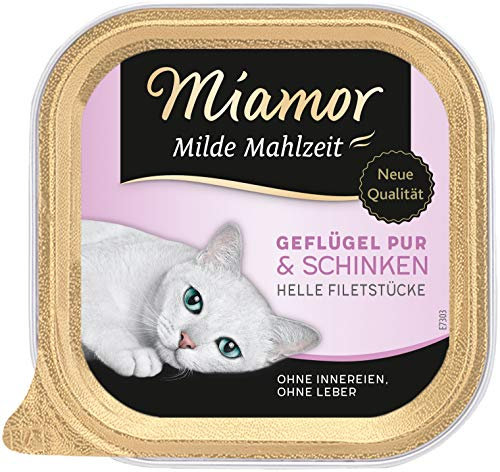 MIAMOR - Milde Mahlzeit | Nassfutter für ausgewachsene Katzen mit Filetstückchen vom Geflügel. Leicht verdauliches Ergänzungsfutter im Schälchen ohne Zusatzstoffe | 16x100g Geflügel Pur & Schinken