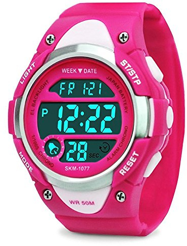 cofuo Girls Boys Digital Watch - Kids Sports Waterproof Outdoor Watches with Alarm Stopwatch Youth Children LED Electronic Wristwatch - Rose Red
