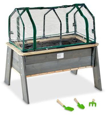 EXIT Toys Aksent Hölzener Hochbeet L mit Gewächshaus & Gartengeräten - Für Kinder - Mit Wurzelmatte - Gemüsegarten auf Beinen für den Außenbereich - Gemüse anbauen - 70% FSC Kiefernholz - 94x68x50cm
