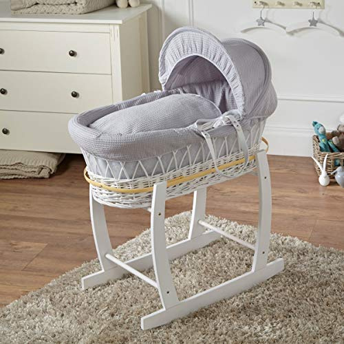 For Your Little One FYLO Grey Waffle White Wicker Moses Basket with White Rocking Stand