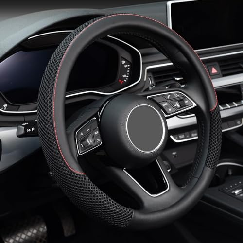 KAFEEK 15 inch Steering Wheel Cover, Cooling Ice Silk Mesh with Microfiber Leather, Ultra Breathable, Anti Slip Car Grip, Heat Resistant Summer Cool, Universal Fit, Black