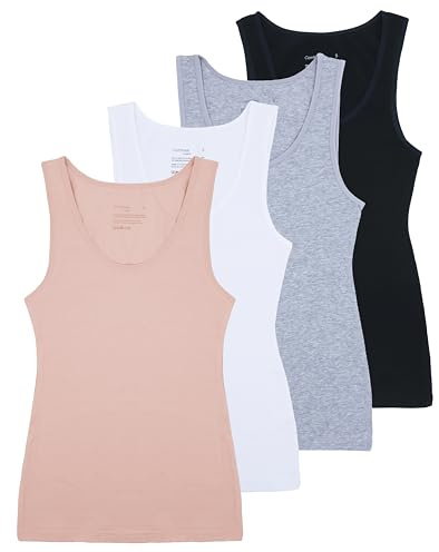 Comfneat Women's 4-Pack Slim-Fit Vests, Black/Grey Melange/White/Pink, XL