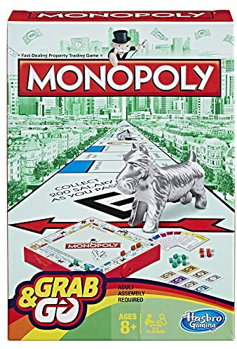 Monopoly Grab and Go-spel, bärbart spel för 2–4 spelare, resespel för barn (Engelska)
