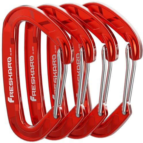 FresKaro Wiregate Carabiner Clip, 15kN Wire Gate Caribeener Heavy Duty, Caribeaner Spring Snap Hook, Strong, Lightweight, 4Pack for Keychain, Key, Gym, Dog Collar, Outdoor Camping, Medium Size, Red