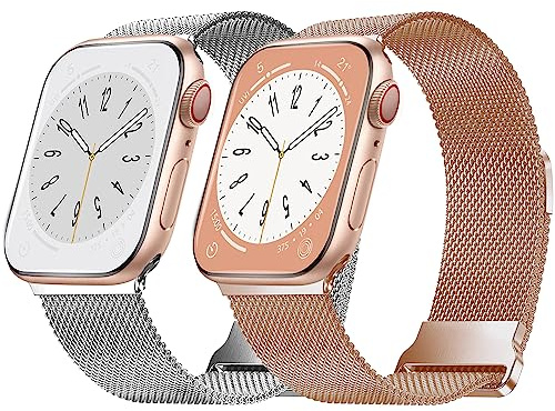 DOBSTFY 2 stycken metallarmband kompatibla med Apple Watch armband 42 mm, 44 mm, 45 mm för damer och herrar, rostfritt stål metall nätarmband med magnet för iWatch Series SE 7 6 5 4 3 2 1 silver + roséguld