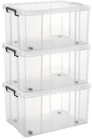 Cetomo 70L*3 Cajas de Almacenamiento con Ruedas, Cubo de Almacenamiento Plástico Apilable con Tapas, Contenedor de Alta Resistencia con Esquinas Reforzadas, Transparente, 70L-Conjunto de 3