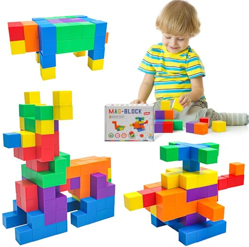 ROUSKY 48 pezzi strumenti didattici matematici – cubi magnetici esagonali, blocchi magnetici, pensiero spaziale, modelli geometrici solidi per studenti, mattoncini magnetici per bambini