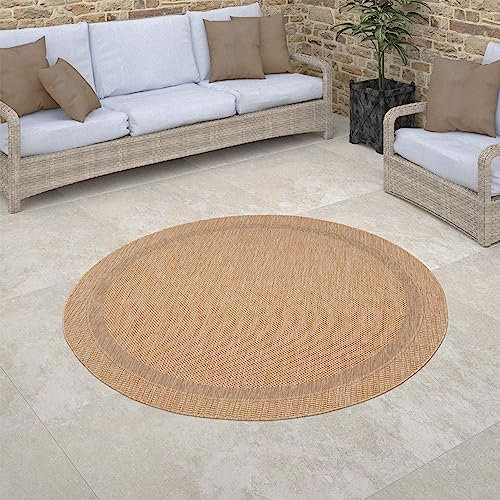 Paco Home Outdoor Teppich Rund Wohnzimmer Küchenteppich Balkon Wetterfest Moderne Geometrische Muster, Grösse:200 cm Rund, Farbe:Beige