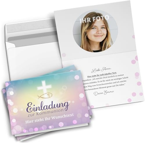 10 personalisierte Kommunion Einladungskarten mit eigenem Text und Foto - Zauberhafter Verlauf Rosa - Einladungen zur Kommunion mit Umschlägen Mädchen