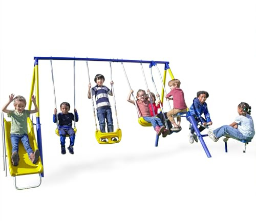 Sportspower Royal Fun Metal Swing Set for Kids Ages 3-8 with 2 Swings, Standing Swing, Glider, Teeter-Totter & 5FT Slide, Anchor Kit, 6.1FT Steel Frame, Outdoor Playground with 800 lbs Weight Capacity