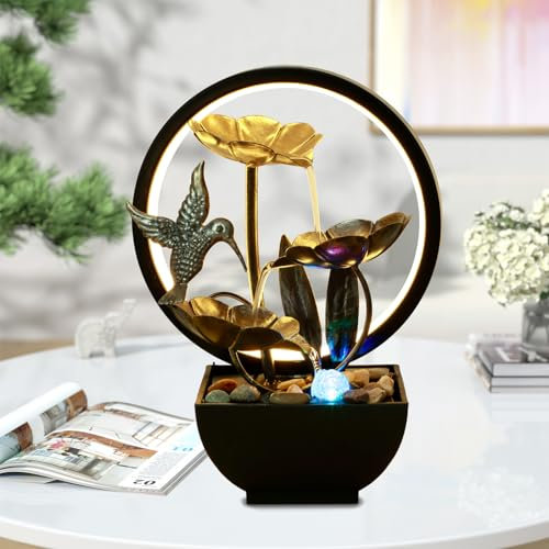 Indoor Tabletop Fountain Water Feature with LED Ring Lights USB Powered Tabletop Water Fountain Desktop Waterfall Fountain Zen Water Fountain for Meditation Relaxation Home Office Decor(Hummingbird)