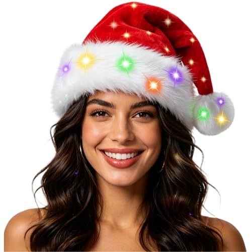 OGAJO Christmas Hat, Santa Hats with Color Changing LED Light Up, Unisex Red Xmas Hat for Adults New Year Festive Holiday Party