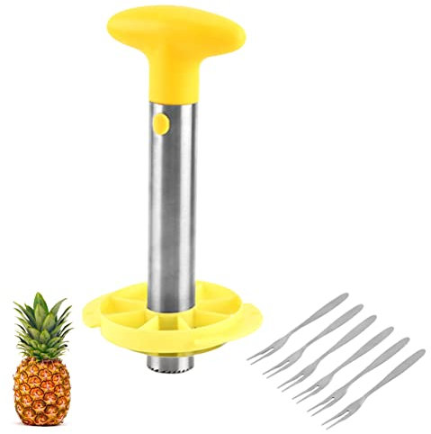 Taglierina per ananas da cucina e strumento da taglio, tagliananas in acciaio inox con forchette per la rimozione facile del nucleo di taglio (giallo)