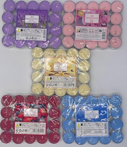100 Tea Lights Candles Scented Tealights/Night Lights- 7 Hour Burn Time -20 Nightlights x 5 Scents Mixed Pack - Cotton Flowers, Mixed Berries, Rose, Lavender & Vanilla
