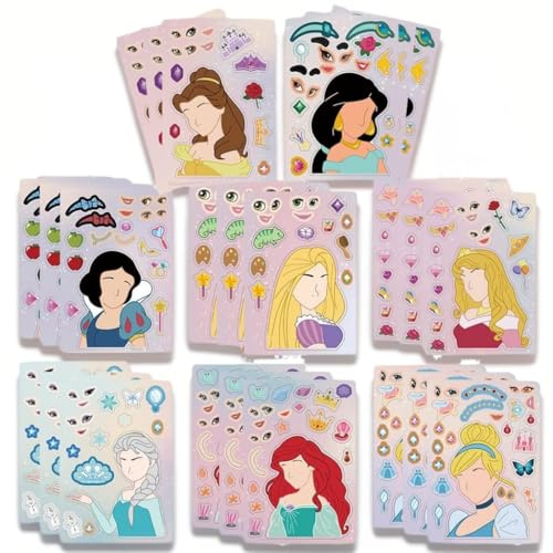 24 Sheets Cartoon Make a Face Stickers, Make Your Own DIY Stickers for Kids, Art Crafts Suitable for Birthday Party Supplies Gifts (Princess)
