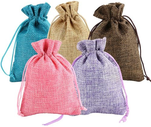 FOSDICK 5 stycken jutepåsar, bröllopspåsar, tygpåsar, jutesäckar med dragsko, repeterbara, för bröllopsgåvor, fest, smycken, tygpåse för fyllning (17 x 23 cm)