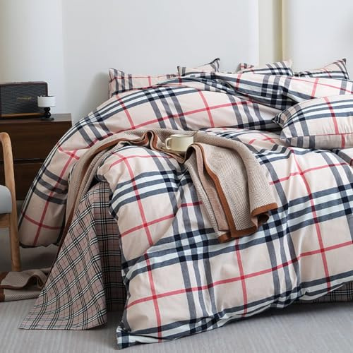 Nesture Parure de lit 2 pièces 135 x 200 cm - Coton beige à carreaux - 100 % coton lavé - Comprend 1 housse de couette 135 x 200 cm et 1 taie d'oreiller 80 x 80 cm avec fermeture éclair