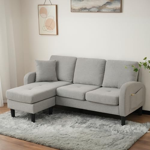 Generisk L-formad hörnsoffa med schäslong – 3-sitsig soffa modulär 166 x 118 x 77 cm, ventilerande bomullslinne, plastben, kompakt och platsbesparande för vardagsrum, kontor