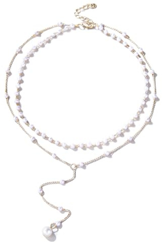Floruvia Collana con Perle a Strati per Donna, raffinata Collana con Perle a Forma di Y, Ciondolo con Perle Sintetiche alla Moda per Gioielli da Sposa e Matrimonio