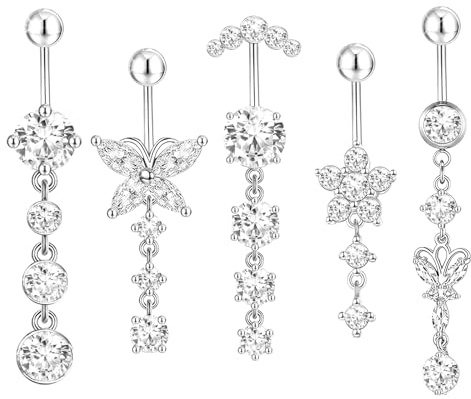 YIMETOP 5 stycken navelpiercing set i rostfritt stål, 12 mm & 10 mm stavlängd, med banan, fjäril, blomma och rundt hängande – navelpiercing för damer