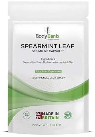Bodygenix Spearmint Leaf Capsules - 500mg Hormonal Balance Digestive Health Fatigue & Stress Relief Support Antioxidant Formula Natural Food Supplement - 120 Capsules 4 Month Supply