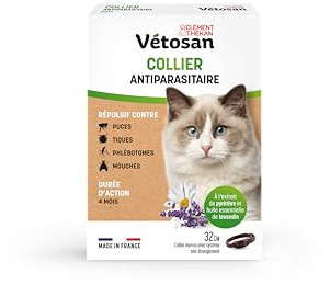 Clément Thékan - Vétosan Collier Antiparasitaire pour Chats - À l'extrait de pyrèthre et d'huile Essentielle de lavandin - 1 Collier de 32 cm