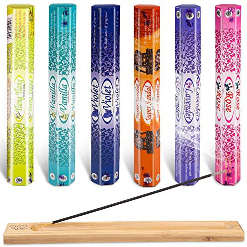 Uponer Räucherstäbchen Set 6 Verschiedene Packungen ca. 120 Sticks mit 6 Düfte Räucherstäbchen Sparset mit 6 Düfte Sandelholz, Veilchen, Rose, Lavendel, Vanille, Yilan mit 1 x Räucherstäbchenhalter
