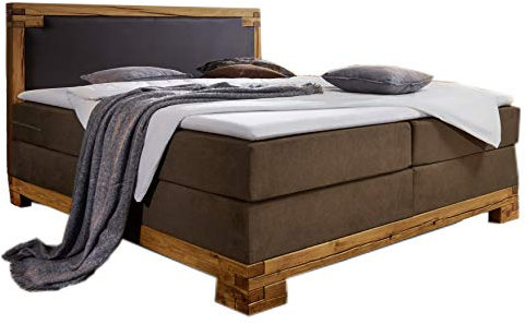 SAM Boxspringbett 180x200 cm Barrington, Stoff- und Kunstlederbezug braun, Bonellfederkern-Box, 7-Zonen Taschenfederkern-Matratzen, ohne Topper, Rahmen aus Wildeiche