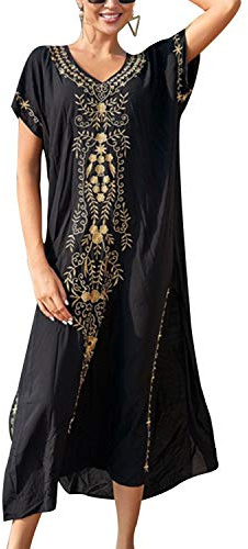 JENJON Donna Corta Manica Cover Up Caftano Floreale Ricamato Laterale Diviso Vestito da Spiaggia Abiti A-Nero
