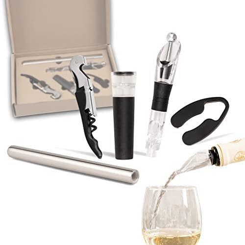 bremermann 5-Piece Wine Set Including Waiter's Knife, Vacuum Seal, Pourer with Stopper, Cooling Stick and Foil Cutter, White Wine Gift Set