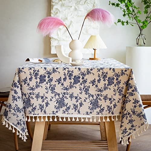 YUURAINVUVU French Vintage Blue Rose Floral Cotton Linen Fabric, Stitching Tassel Square Tablecloth for Kitchen | Dining | Tabletop | Decoration | Tea Party | Weddings | Farmhouse (55x55 Inches)