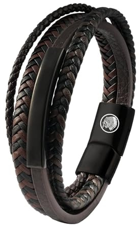 Casisto.J Läderarmband för herrar, armband i läder för män, rostfritt stål, gravyr, svart, brunt och blått, flätat, med magnetlås, anpassningsbart, 20, Läder
