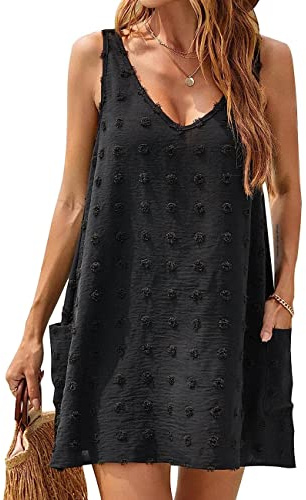 RPAEOY Robe de Plage pour Femmes Sans Manches V-Cou Mini avec Pochette Sexy Cache-Maillots et Sarongs Été Maillot de Bain Bikini Cover Up Couvrir Bohème Beachwear (Noir,S)