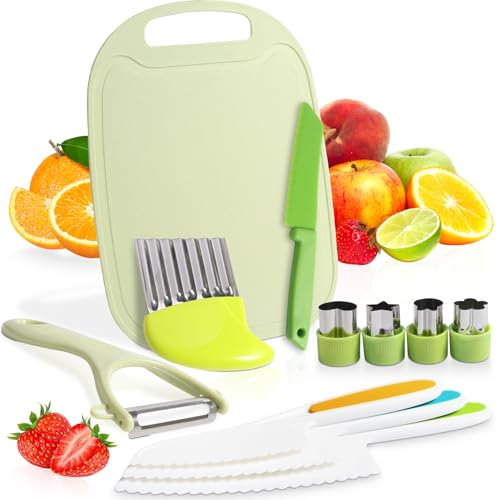 Cevikno Kindermesser Set- Kindermesser aus Holz, Küchenmesser für Kleinkinder Einschließen Schneidebrett Y-Schäler Crinkle-Cutter, Montessori Kindermesser (Grün)