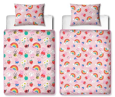 Character World Official Peppa Pig Single Bed Coverless Duvet Bedding | Reversible Coverless Quilt and Pillowcase | Washable Duvet | Perfect For Travelling & Sleepovers | Single 4.5 tog