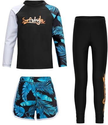 Fldy Kinder Jungen Mädchen Badeanzug UV Schutz Rash Guard Langarm Badeoberteil Badeshorts Hose Set Surfen Wassersport Schwimmbekleidung Schwarz_A 146-152