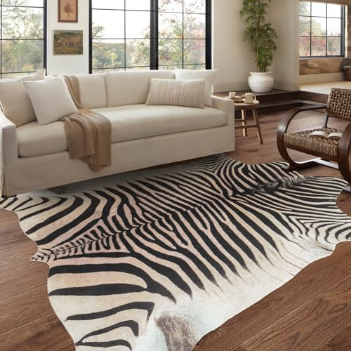 Guyekobe Zebra Rug - Alfombra de piel de vacuno de alta calidad, rústica, elegante, para dormitorio, sala de estar, comedor, alfombra de animales, antideslizante, sin pelo