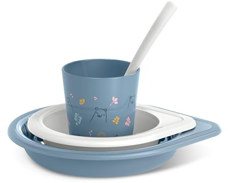 Suavinex, Vaisselle Apprentissage Bébe +6 Mois, Set Assiettes, Set Vaisselle Enfants, Coffret Repas Bébé Apte Lave-vaisselle et Micro-ondes. Inclut : Verre + Assiete Plate + Bol + Cuillère, Bears Bleu