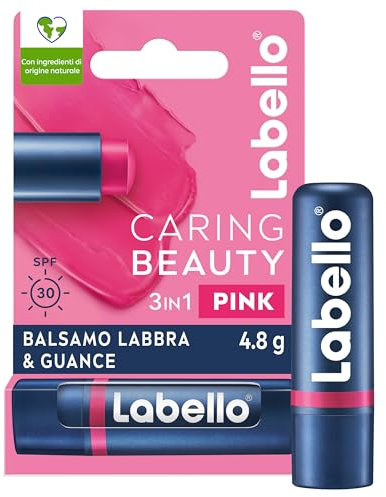 Labello Caring Beauty Lip & Cheek Pink 4.8 g, Burrocacao labbra e guance con una nota di colore rosa, Balsamo labbra colorato e blush stick 2 in 1, Lip balm idratante con protezione SPF 30