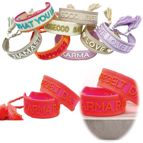 LS-LebenStil Exklusives Statement Armband - das Original - Karma Neon Pink Orange 16-20cm Quasten besticktes Boho Canvas Webarmband Damen Freundschaftsarmband Geschenk gewebt textil Stoffarmband