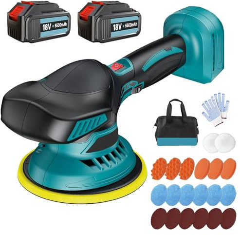 Poliermaschine Auto mit 6000mAh Akku, 6 Zoll Orbital Akku-Polierer für Makita, 6 Variablen Geschwindigkeiten 5800RPM kabelloser Polierer, 2*3000mAh Batterien, 22PCS Aufsätze