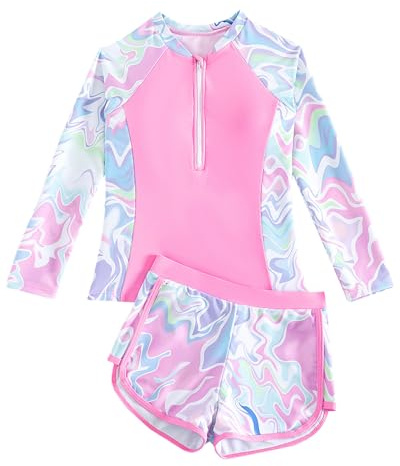 WYTbaby Badeanzug Mädche Langarm Zweiteiler Schwimmanzug Mit Badehose Uv Badebekleidung Mädchen 9-10 Jahre