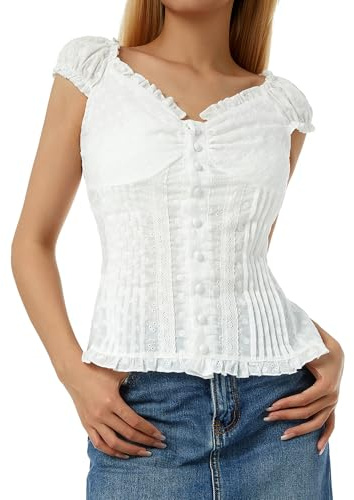 Cusghjbsg Women Y2K Ruffle Shirts Casual Solid Color V Neck Cap Sleeve Button Down Slim Fit Frill Top Summer Fairy Grunge Babydoll Blouse (White A, M)