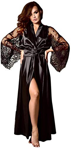 ThiCc Peignoir long en soie pour femme - Sexy - Dentelle translucide - Manches longues - Robe de nuit en satin - Robe de nuit légère - Robe de nuit pour mariée - Lune de miel