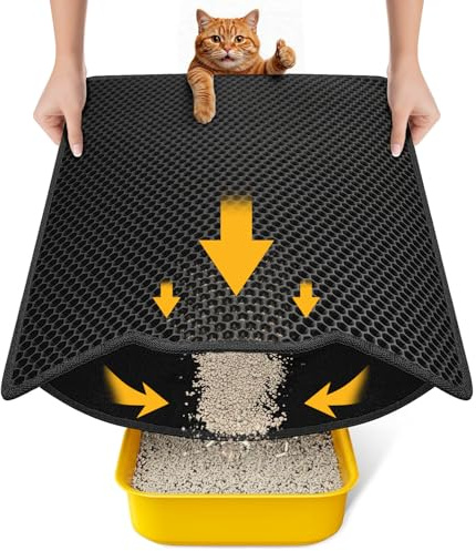 Conlun Tapis de Litière Chat 60x46cm, Double Couche Nid d'Abeille, Imperméable et Lavable, Antidérapant, Résistant à l'Urin Tapis de Litière pour Chat, Noir