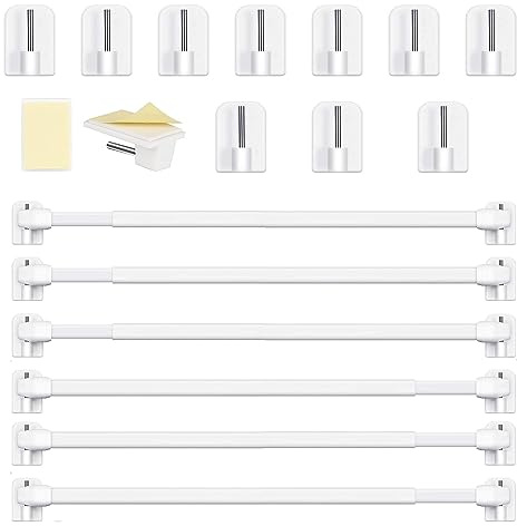 Honeyes - Barras de cristal extensible, barra sin taladrar, ajustable, barra de cortina para ventanas de PVC para cortinas de malla y ganchos, cortina adhesiva, color blanco (6 unidades 30-50 cm)